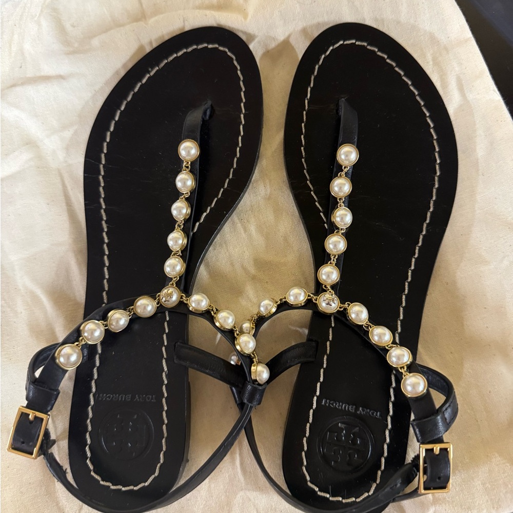 Tory Burch Black Sandals with Pearl Accents